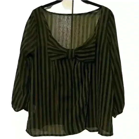 Olive and Black Women’s M Striped Sheer Blouse Bow Classic Boho modern stylish - Picture 1 of 9